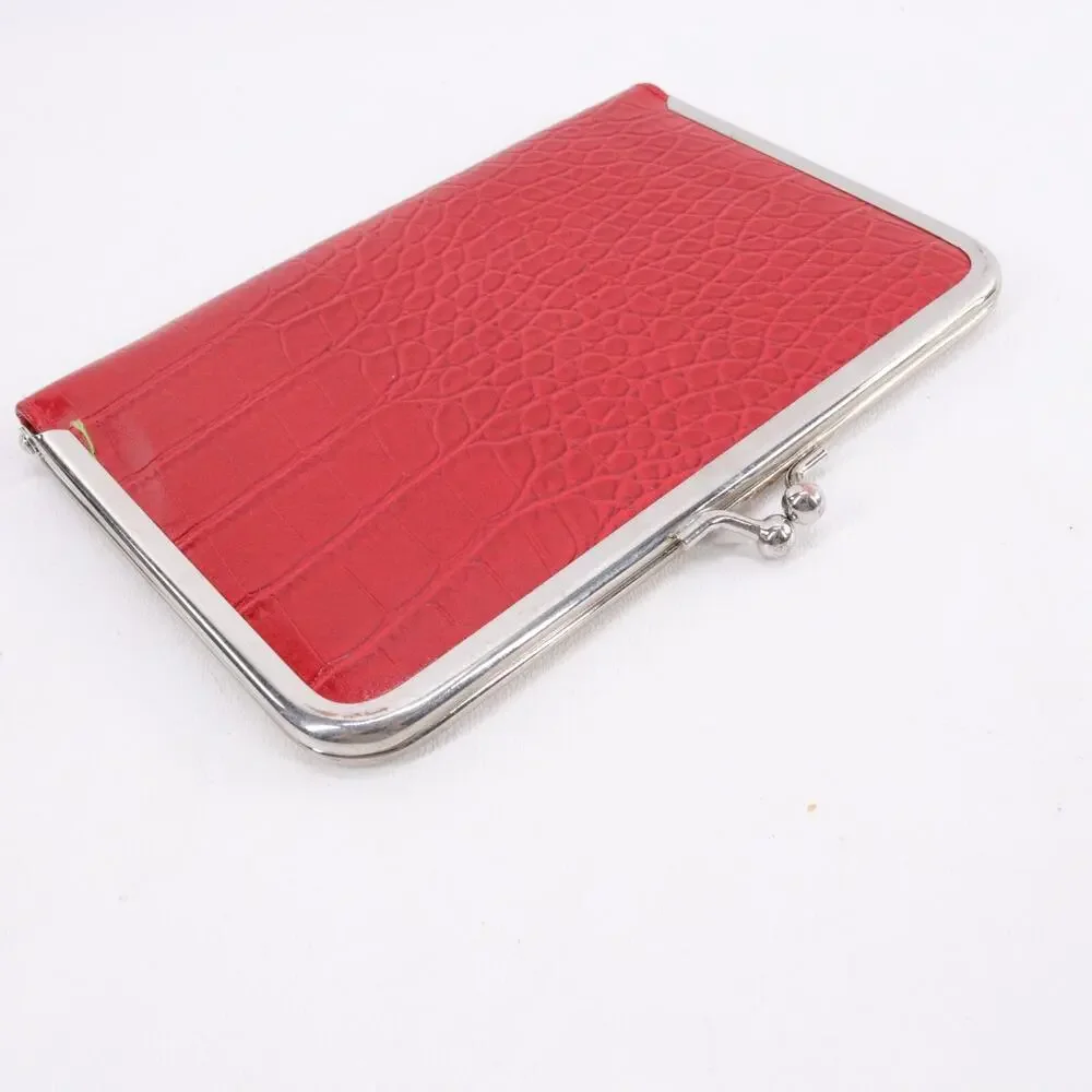 Photo Wallet Red Faux Croc Leather Kiss Lock 10 Plus Picture Slots Folio